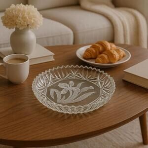 Bohemia Czech 1950s Pressed Glass Bowl Frosted Iris Design, 11x1.75”